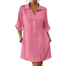 Women's Long-Sleeved Cotton Linen Length Shirt Top-rose red M