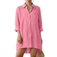 Women's Long-Sleeved Cotton Linen Length Shirt Top-rose red XL