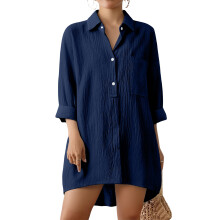 Women's Long-Sleeved Cotton Linen Length Shirt Top-Navy Blue S