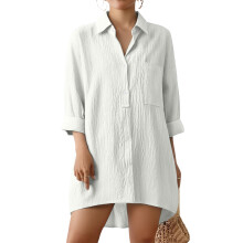 Women's Long-Sleeved Cotton Linen Length Shirt Top-White XL