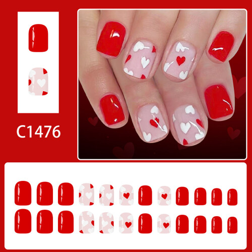 Romantics Heart Pattern False Nail 24Pieces Glossy Square Short 1
