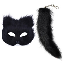 Kunstfell-Fuchsschwanz-Katzenmaske, Therian-Maske und Schwanz, Halloween-Cosplay-Party_Super Geschenk_Schwarz_Überraschungsgeschenk