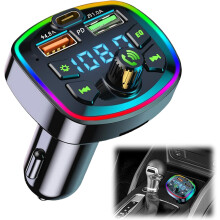 Bluetooth Car FM Transmitter Bluetooth 5.0 Car Accessories, Handsfree Car Bluetooth, Bluetooth Car Music Adapter, 2 USB + Type C [4.8A + 18W PD]_Surp