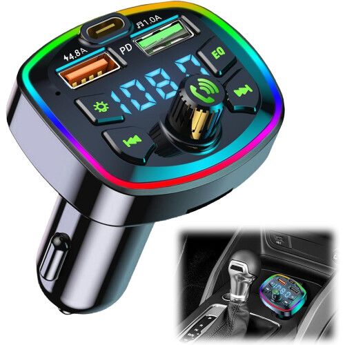 Trasmettitore FM Bluetooth per auto, accessori per auto Bluetooth 5.0, vivavoce Bluetooth per auto, adattatore musicale Bluetooth per auto, 2 USB + T
