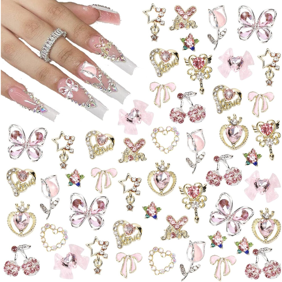 24pcs Nail Charms Y2k Alloy Nail Art Rhinestone Charms 3D Heart Star Bowknot with Rhinestone Cherry Nail Stones Shiny Jewelry_Special Gifts_Surprise