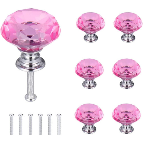 6pcs Crystal Door Knobs, Drawer Knobs, Diamond Knobs with Screws compatible Home, Kitchen, Office, Drawer Decoration, Pink, 30mm_SPECIAL GIFTS_Surpri