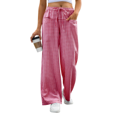 Women's striped plaid pajamas drawstring wide-leg-Burgundy XL