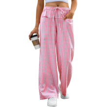 Women's striped plaid pajamas drawstring wide-leg-Pink XXL