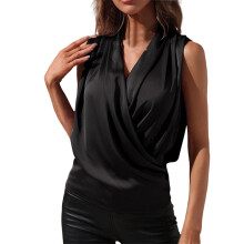 Women's Wrap V Neck Sleeveless Satin Blouse Elegant-Black S
