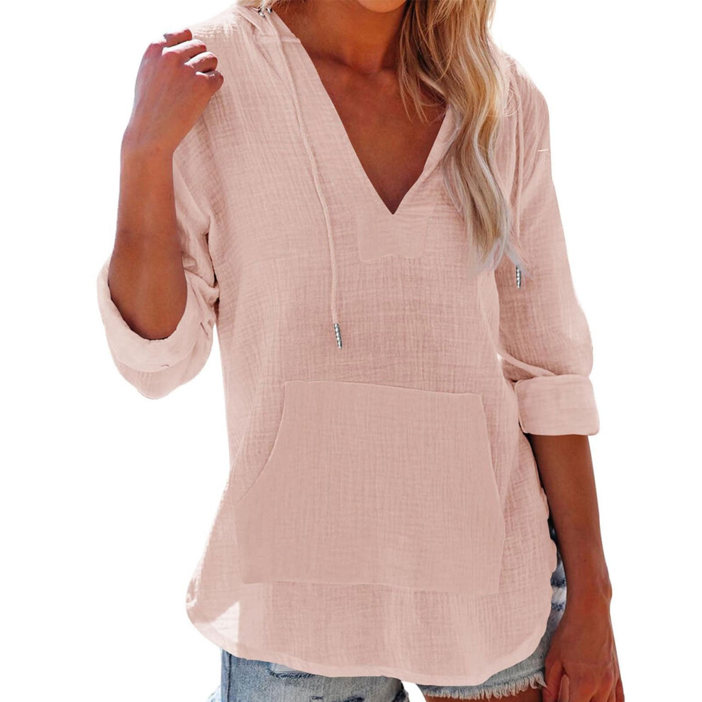 Pink Women's Beach Cover Up Hoodies Sweatshirt Long Sleeve V- L