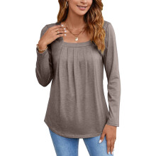 Womens Long Sleeve Tunic Tops Plus Size Square Neck-Khaki XXL