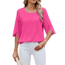 3/4 Length Sleeve Womens Tops Crewneck Pleated Dressy-Pink XL