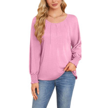 Womens Long Sleeve Shirts Pleated Casual Blouses with-Pink S