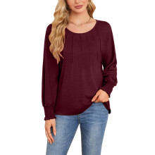 Womens Long Sleeve Shirts Pleated Casual Blouses-Burgundy S