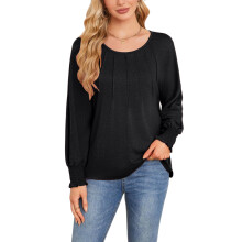 Womens Long Sleeve Shirts Pleated Casual Blouses with-Black XXL