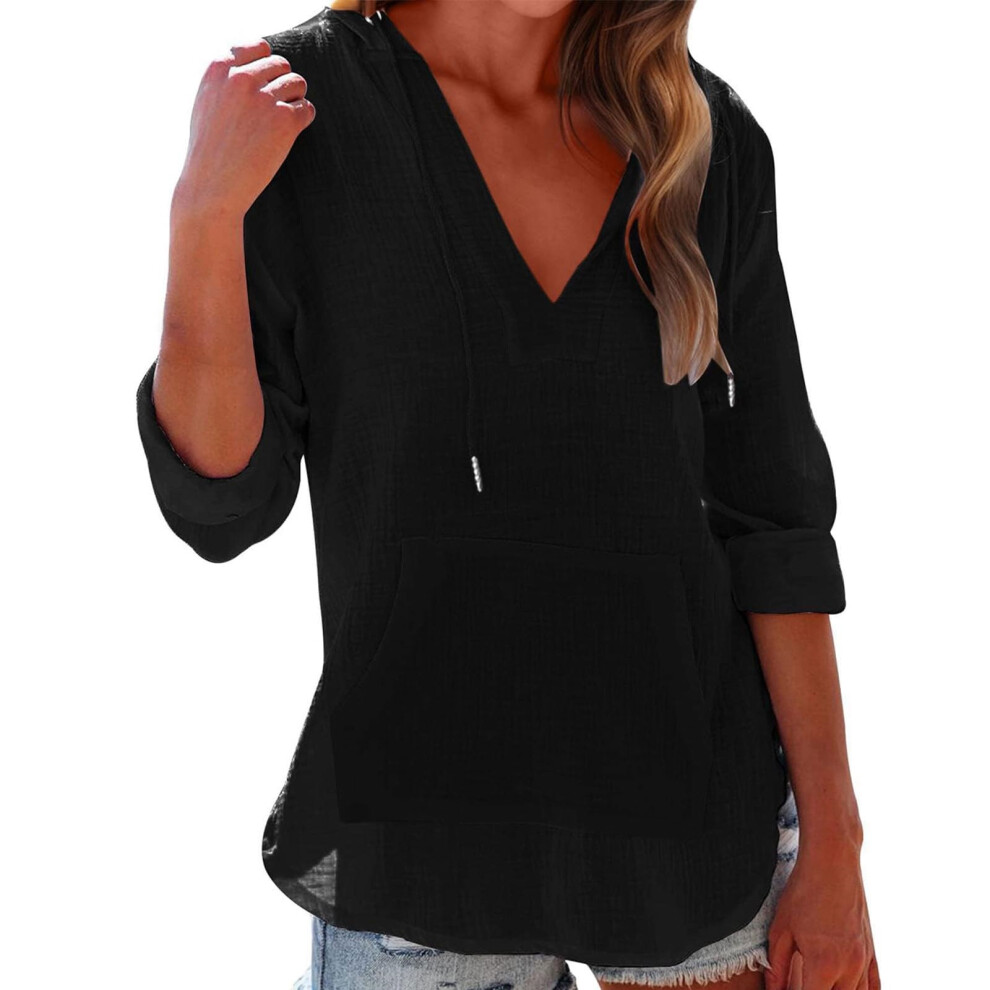 Black Women's Beach Cover Up Hoodies Sweatshirt Long Sleeve V- L