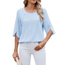 3/4 Length Sleeve Womens Tops Crewneck Pleated Dressy-Blue XL
