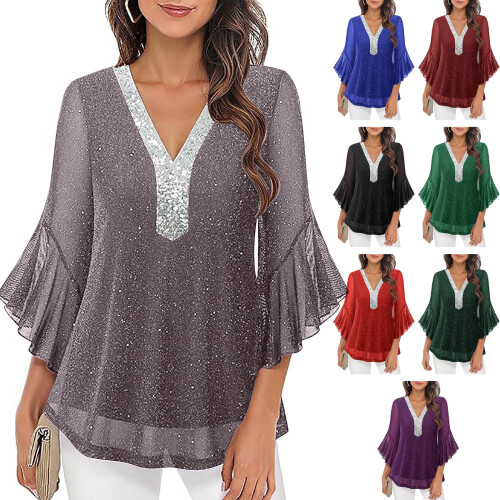 Sparkly PulloverTop with V Neck Design for-royal blue XXL 1