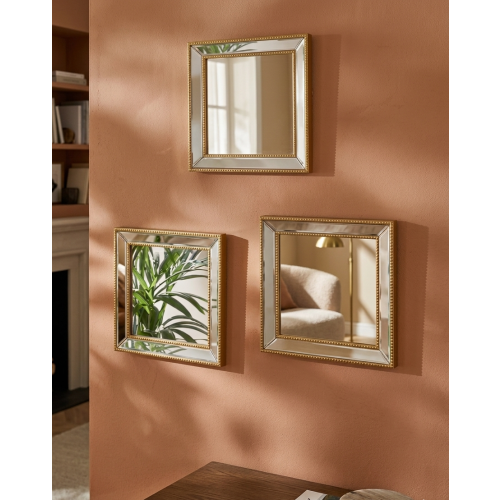 Set Of 3 Square Gold Beaded Mirror Plastic 30x2Cm 1