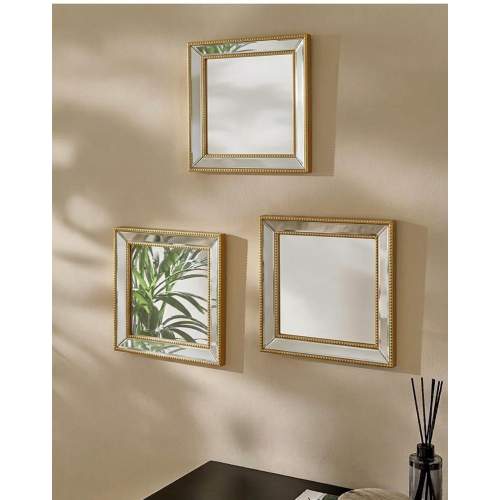 Set Of 3 Square Gold Beaded Mirror Plastic 30x2Cm 2