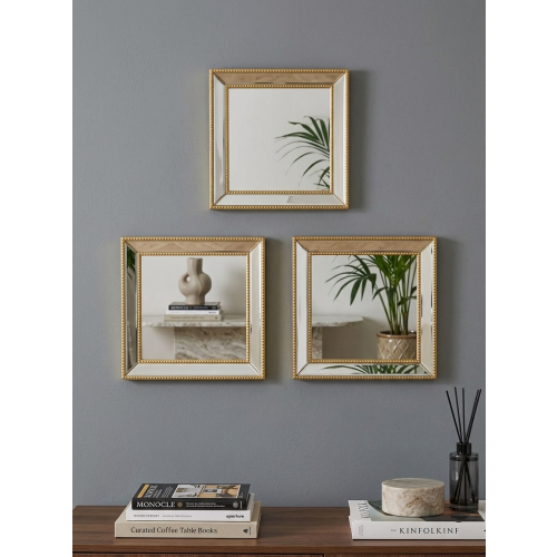 Set Of 3 Square Gold Beaded Mirror Plastic 30x2Cm