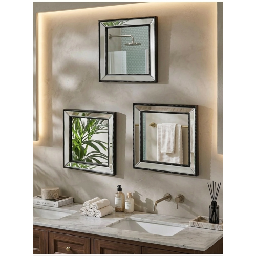 Set Of 3 Square Black Beaded Mirror Plastic 30x2Cm
