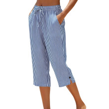 Women Casual Drawstring Elastic Waist Straight Wide Leg-Blue M