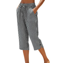 Women Casual Drawstring Elastic Waist Straight Wide-Black XL