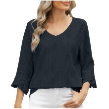 Women's hollowed-out V-neck blouse, elegant-Black S