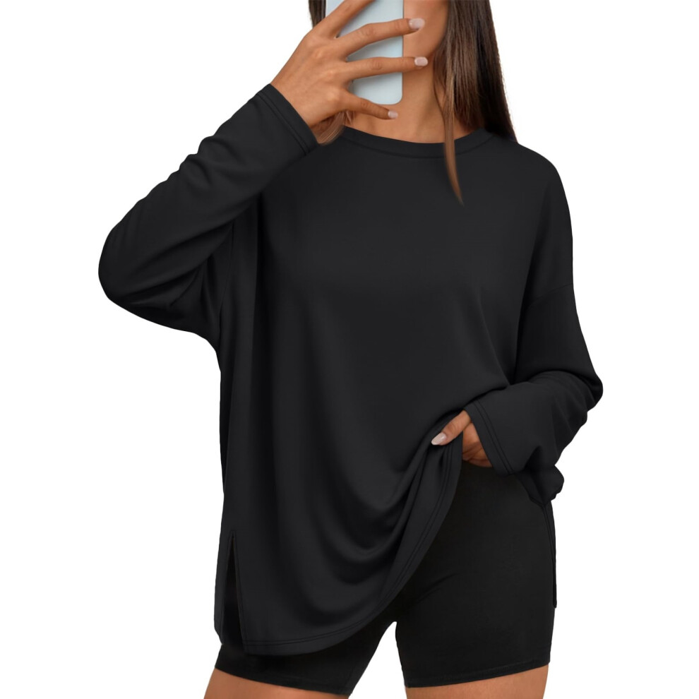 Black Oversized Side Slit Tshirts For Women Long Sleeve- M