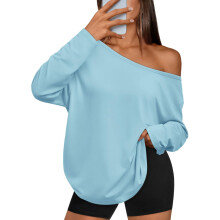 Womens Off The Shoulder Tops Oversized Tshirts-Sky Blue XXL