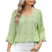 Women's hollowed-out V-neck blouse, elegant-Green S