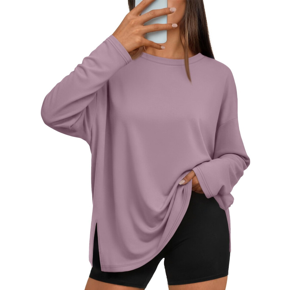 Pink Oversized Side Slit Tshirts For Women Long Sleeve- Xl