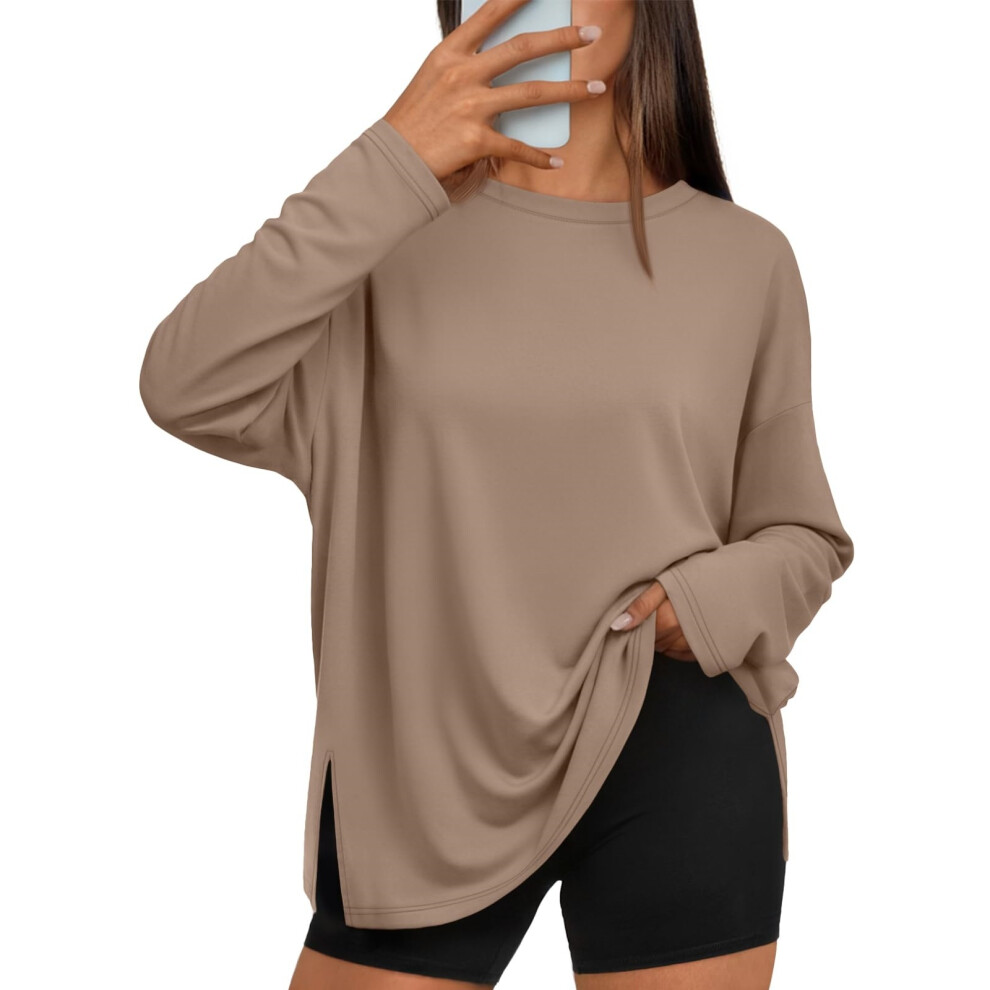 Oversized Side Slit Tshirts for Women Long Sleeve-Khaki XL