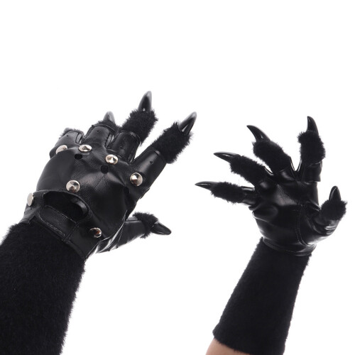 Playful Cats Paws Design Gloves Comfort Punk Studs Multi-Black