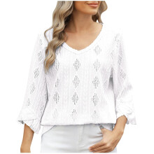 Women's hollowed-out V-neck blouse, elegant-White S