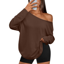 Womens Off The Shoulder Tops Oversized Tshirts Long-brown M