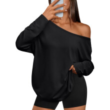 Womens Off The Shoulder Tops Oversized Tshirts Long-Black XXXL