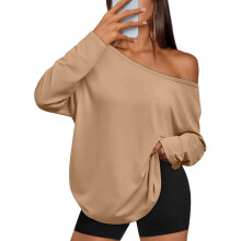 Womens Off The Shoulder Tops Oversized Tshirts Long-light tan M