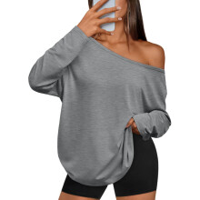 Womens Off The Shoulder Tops Oversized Tshirts Long-Gray XXL