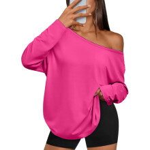 Womens Off The Shoulder Tops Oversized Tshirts Long-rose red XL