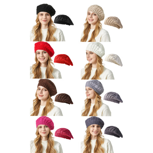 Oversized Knit Beret Cap with Cable Knit Winter-Coffee Color 1