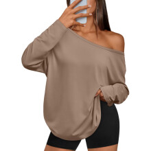 Womens Off The Shoulder Tops Oversized Tshirts Long-Khaki XXXL