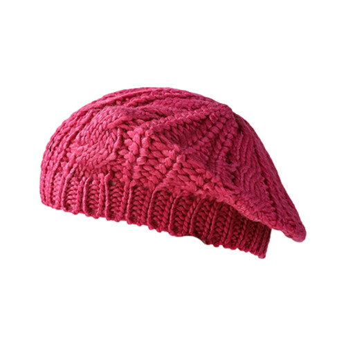 Oversized Knit Beret Cap with Cable Knit Winter Warmth-Rose Red