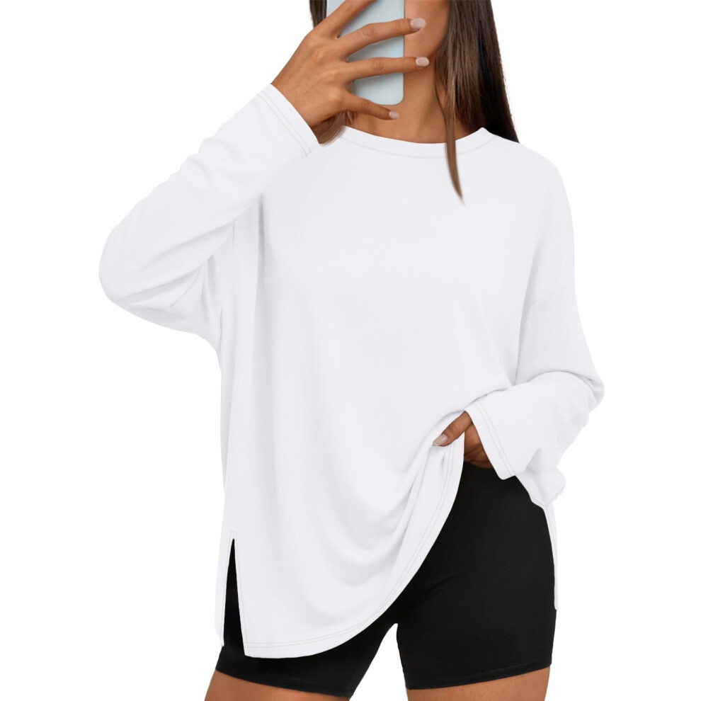 White Oversized Side Slit Tshirts For Women Long Sleeve- M