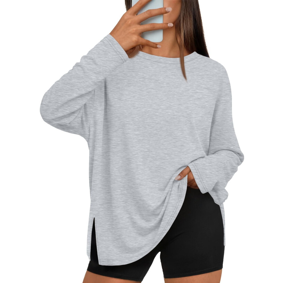 Gray Oversized Side Slit Tshirts For Women Long Sleeve- L