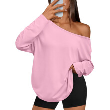Womens Off The Shoulder Tops Oversized Tshirts Long-Pink XXXL