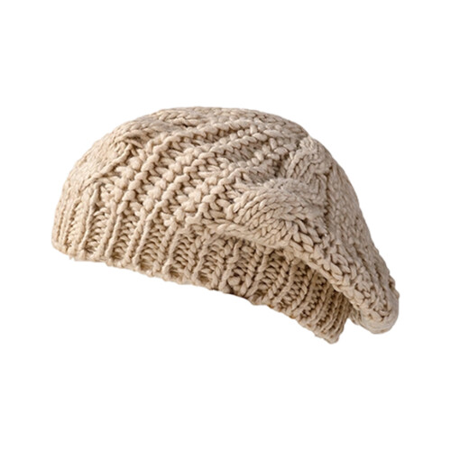 Oversized Knit Beret Cap with Cable Knit Winter Warmth-Beige