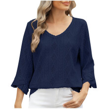 Women's hollowed-out V-neck blouse, elegant-Navy Blue L