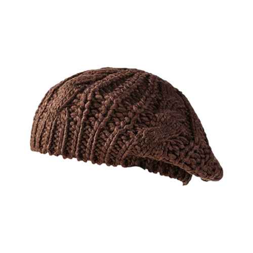 Oversized Knit Beret Cap with Cable Knit Winter-Coffee Color
